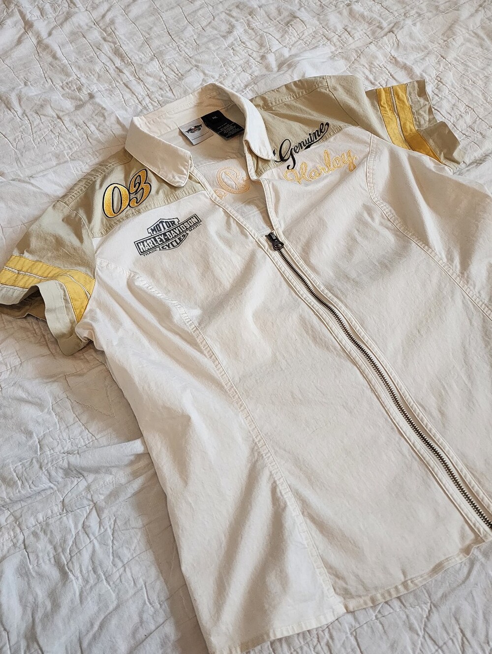 Harley Davidson Shirt Womens Size2XL White Beige Full Zip V-Neck 03 Garage Biker - Picture 3 of 16